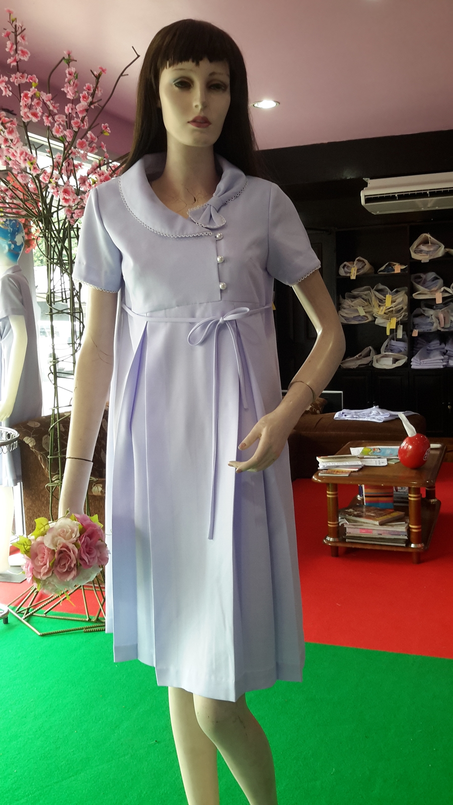 1F011 ชุดคลุมท้องคอกล้วยป้ายโบว์ซ้าย+ลูกไม้